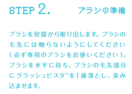 STEP2:ブラシの準備 ブラシを容器から取り出します。ブラシの毛先には触らないようにしてください(必ず専用のブラシをお使いください)。ブラシを水平に持ち、ブラシの毛先部分にグラッシュビスタ®を1滴落とし、染み込ませます。